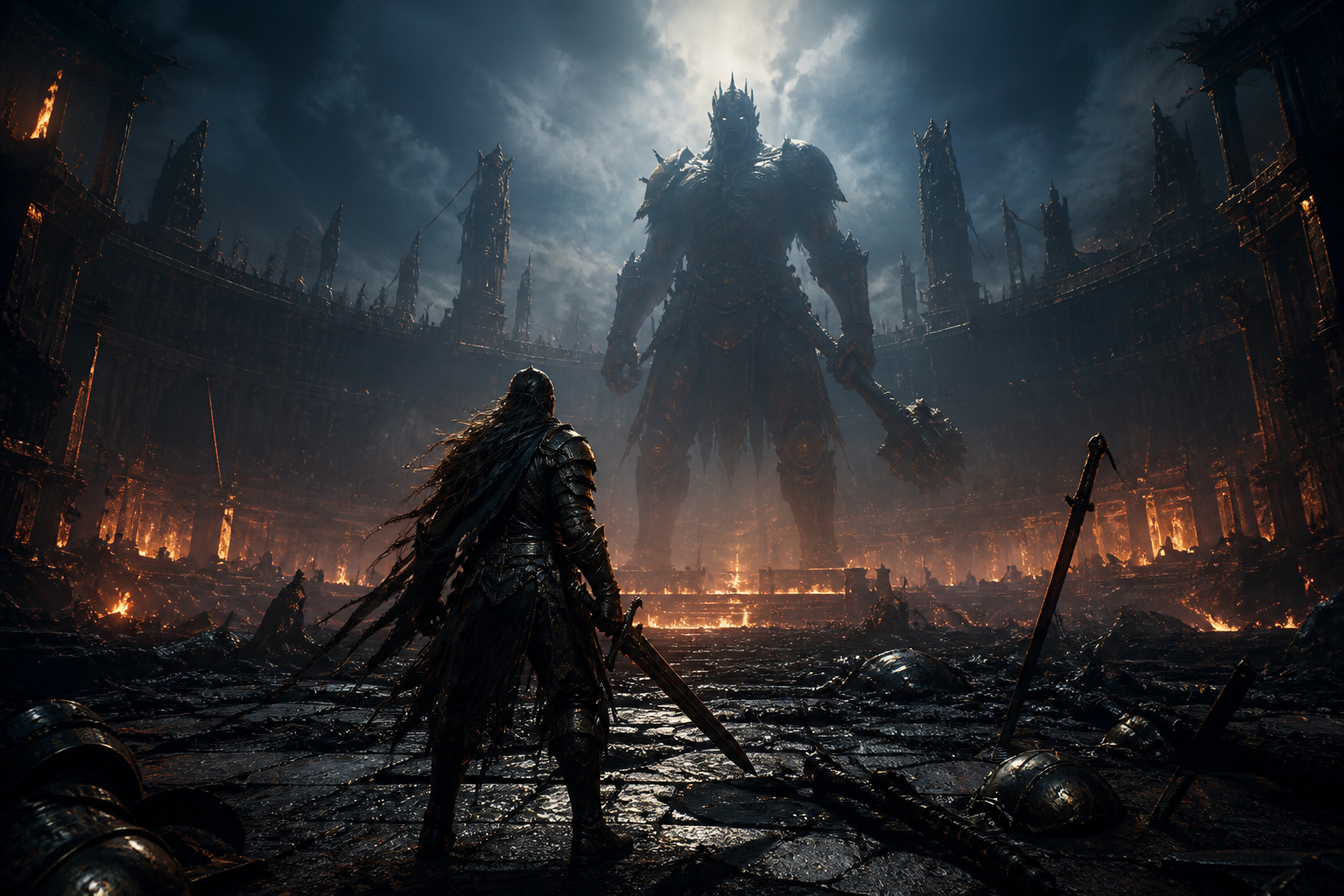 Cinematic arena screenshot of a lone fighter facing a giant boss silhouette for weapon builds strategy guides